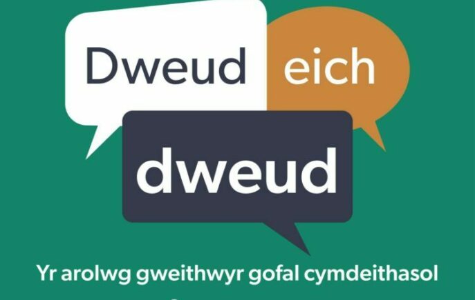 logo graffig Gofal Cymdeithasol Cymru "Dweuch eich dweud"